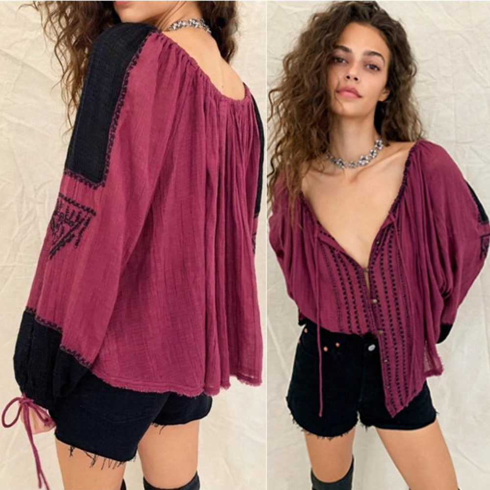 Free People Western Stars Embroidered Blouse